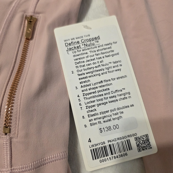 Nwt Lululemon Define Cropped Jacket Pink Haze / Rose Gold Pink Zip-Up Jacket 4 - Picture 4 of 9
